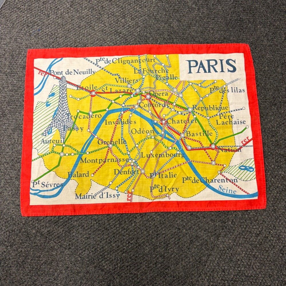Vintage Paris Metro Map Souvenir Scarf Red Border Eiffel Tower Subway Art 24x18